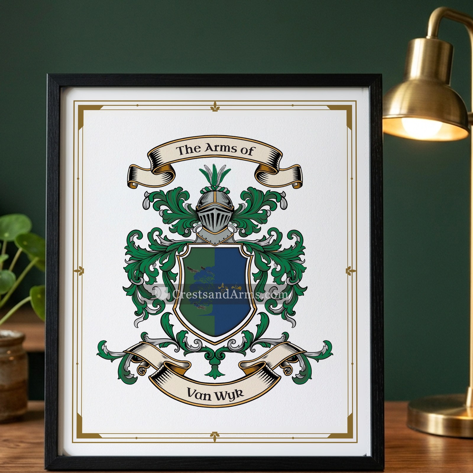 The Van Wyk arms on the framed, black wood