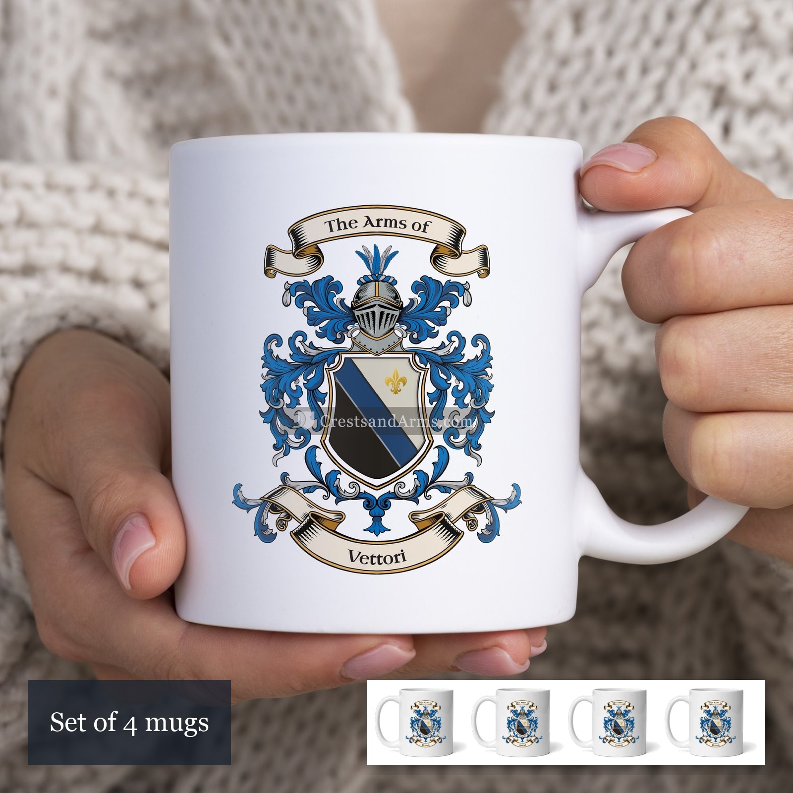 The Vettori arms on the set of 4 mugs