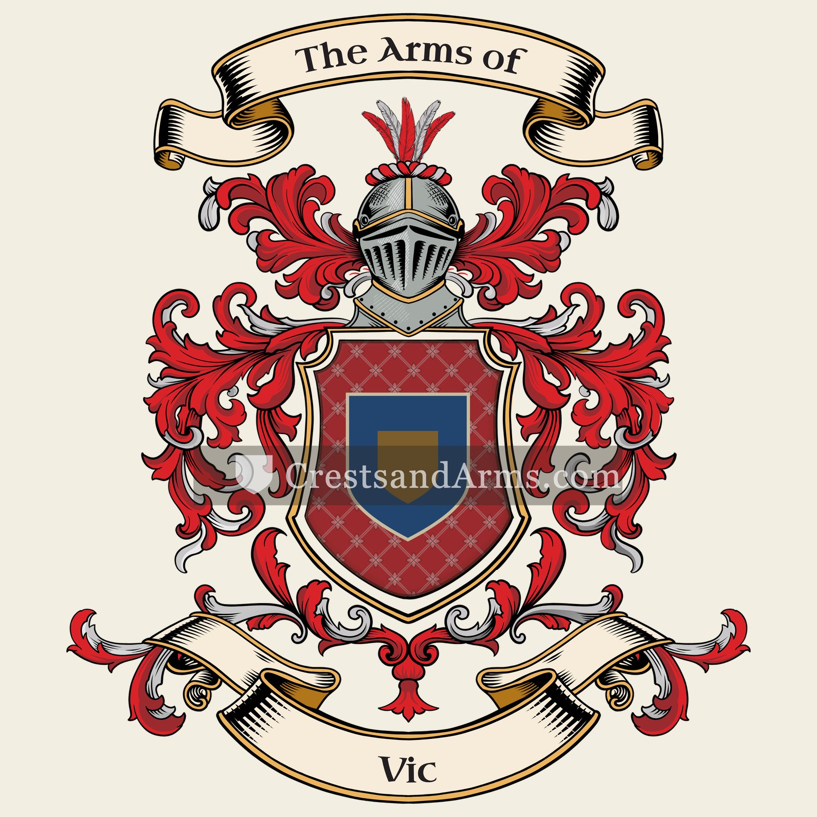 The Vic coat of arms, drawn from the recorded blazon