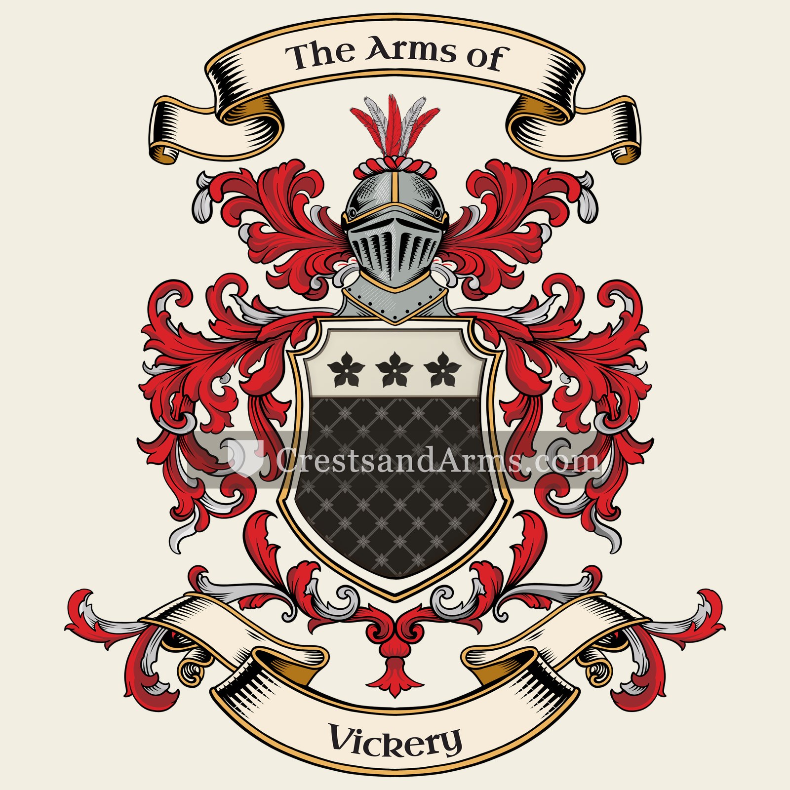 The Vickery coat of arms, drawn from the recorded blazon