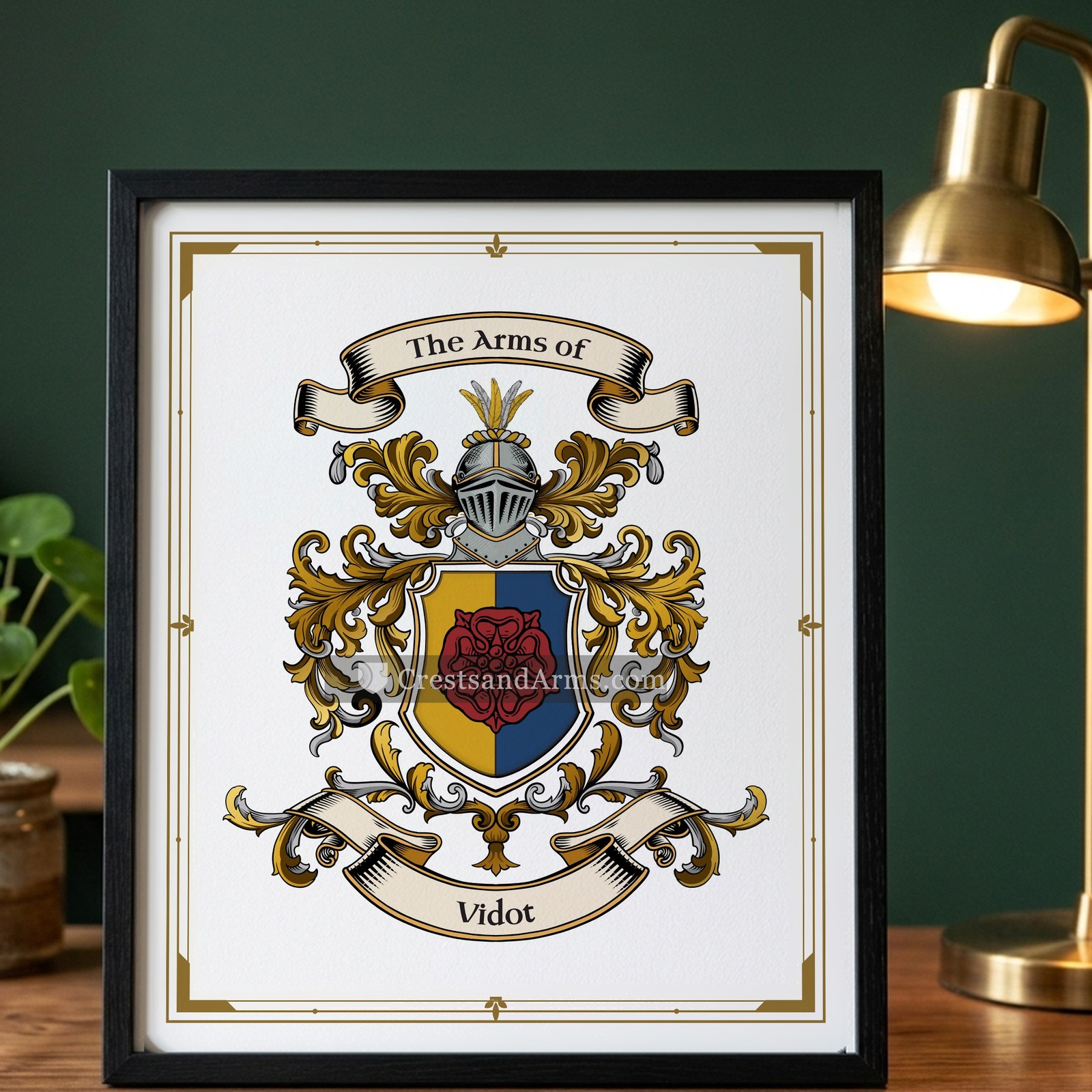 The Vidot arms on the framed, black wood