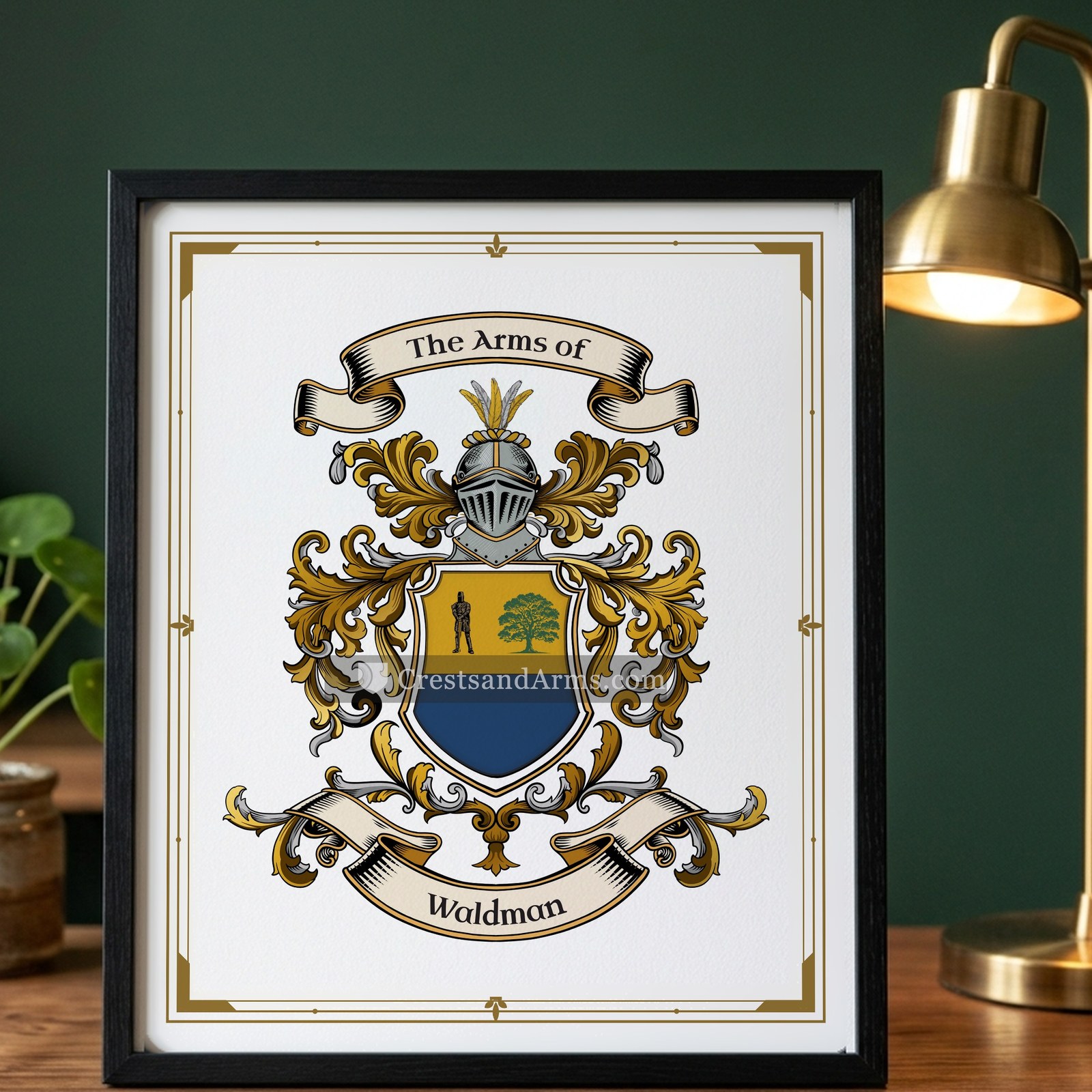 The Waldman arms on the framed, black wood