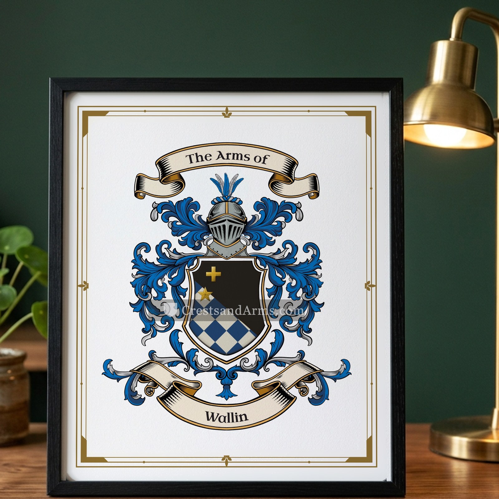 The Wallin arms on the framed, black wood