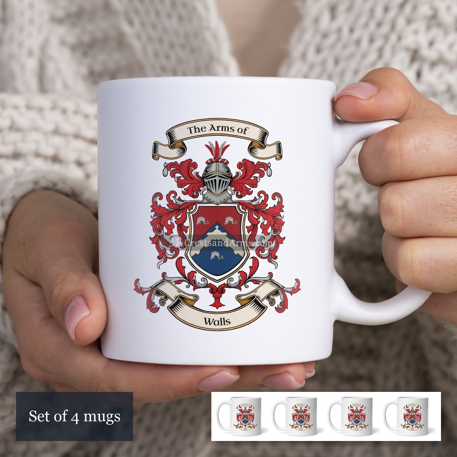 The Walls arms on the set of 4 mugs