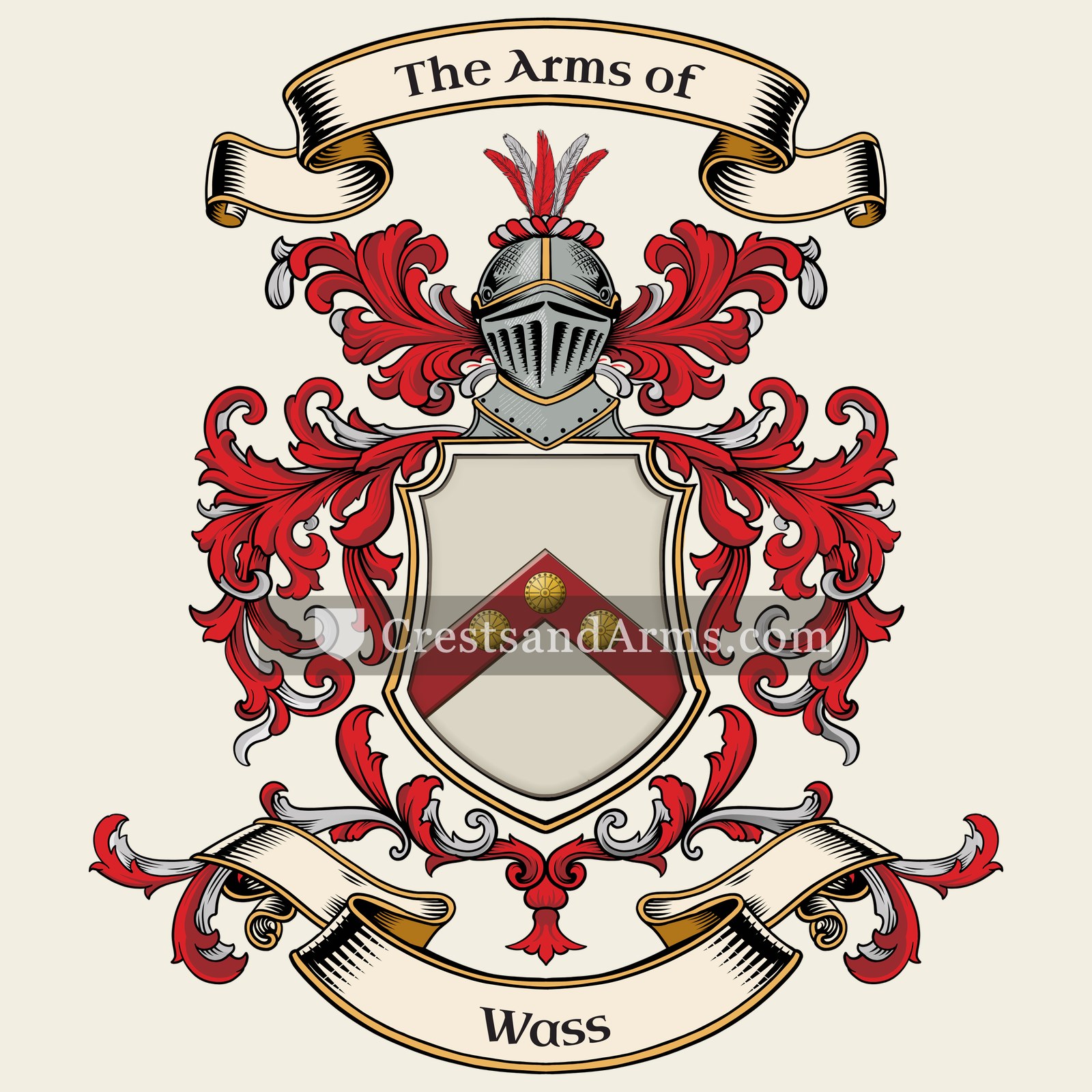 The Wass coat of arms, drawn from the recorded blazon
