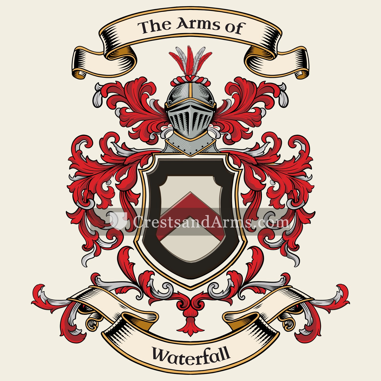 The Waterfall coat of arms, drawn from the recorded blazon