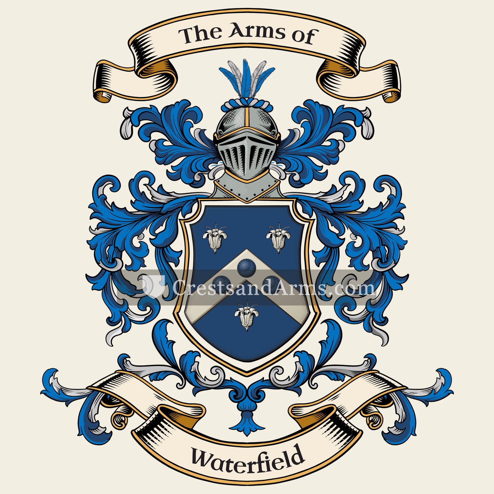 The Waterfield coat of arms, drawn from the recorded blazon