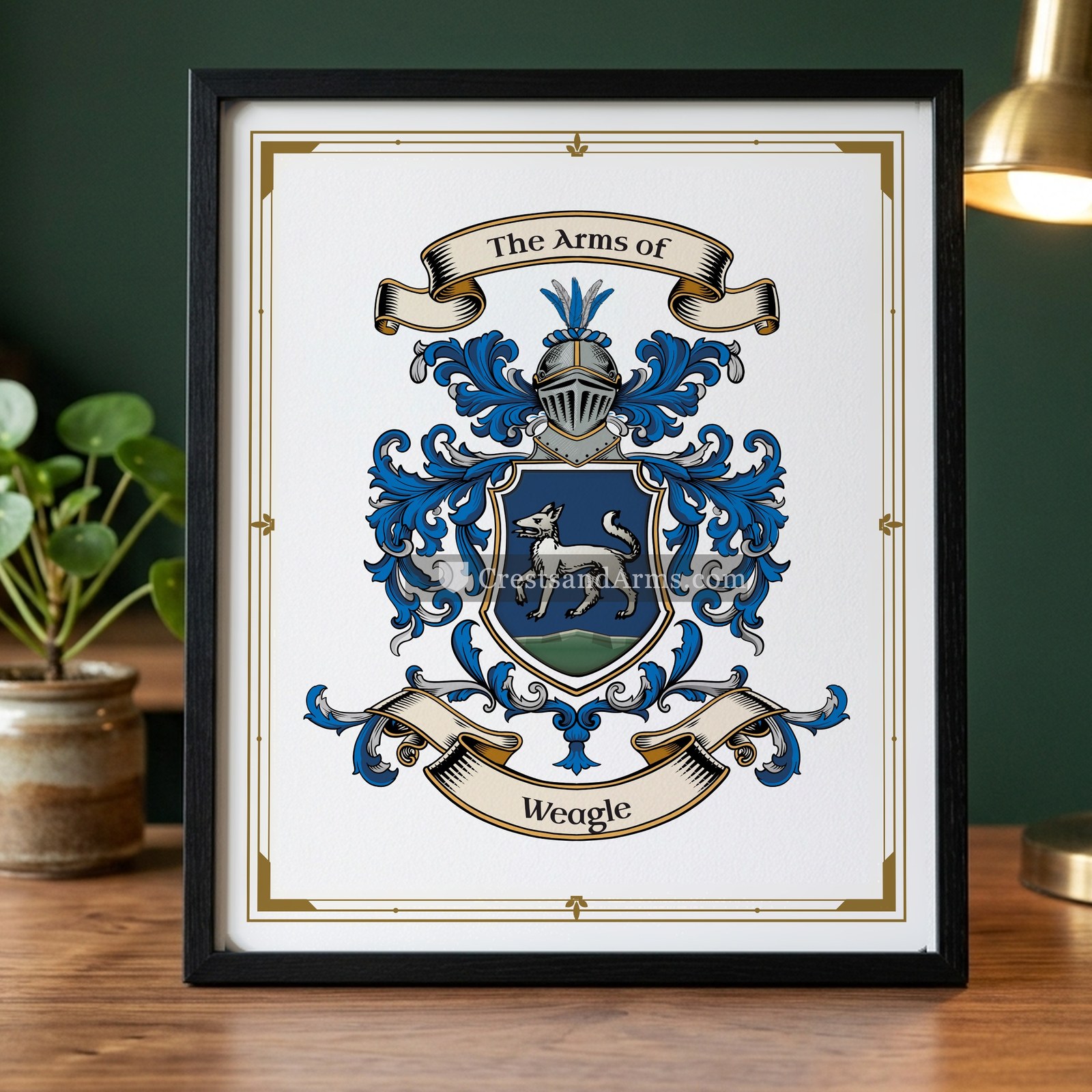 The Weagle arms on the framed, black wood