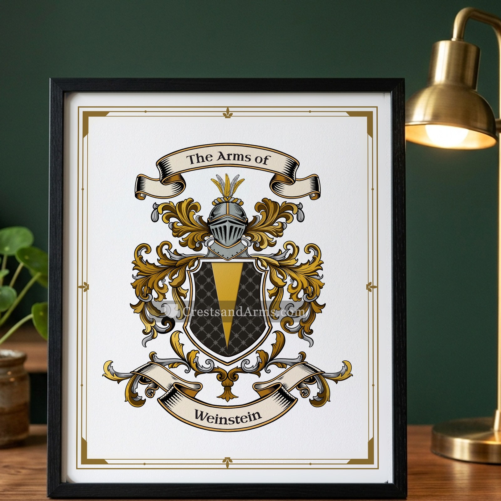 The Weinstein arms on the framed, black wood