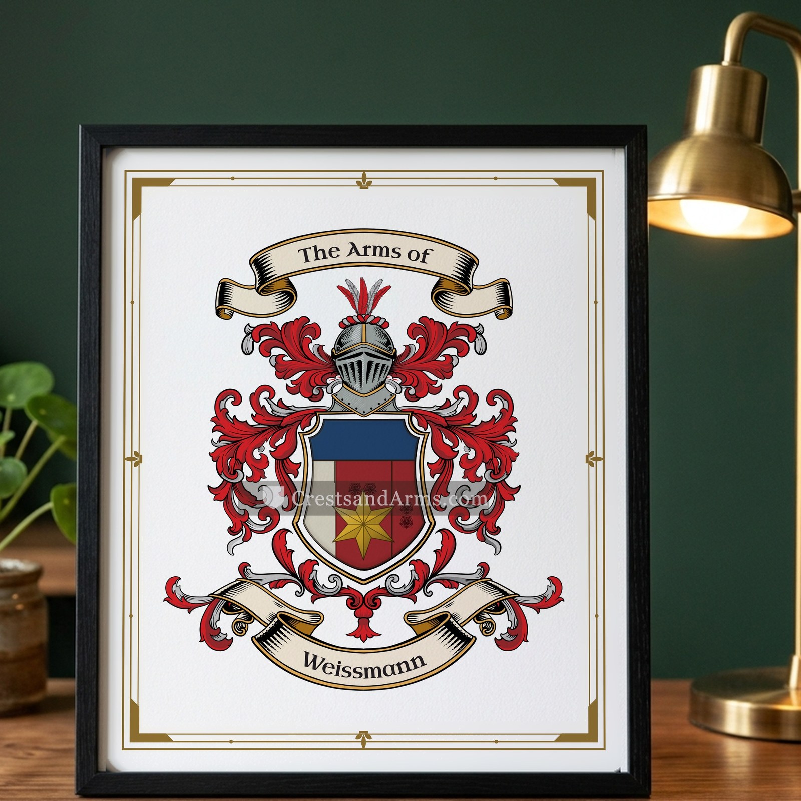 The Weissmann arms on the framed, black wood