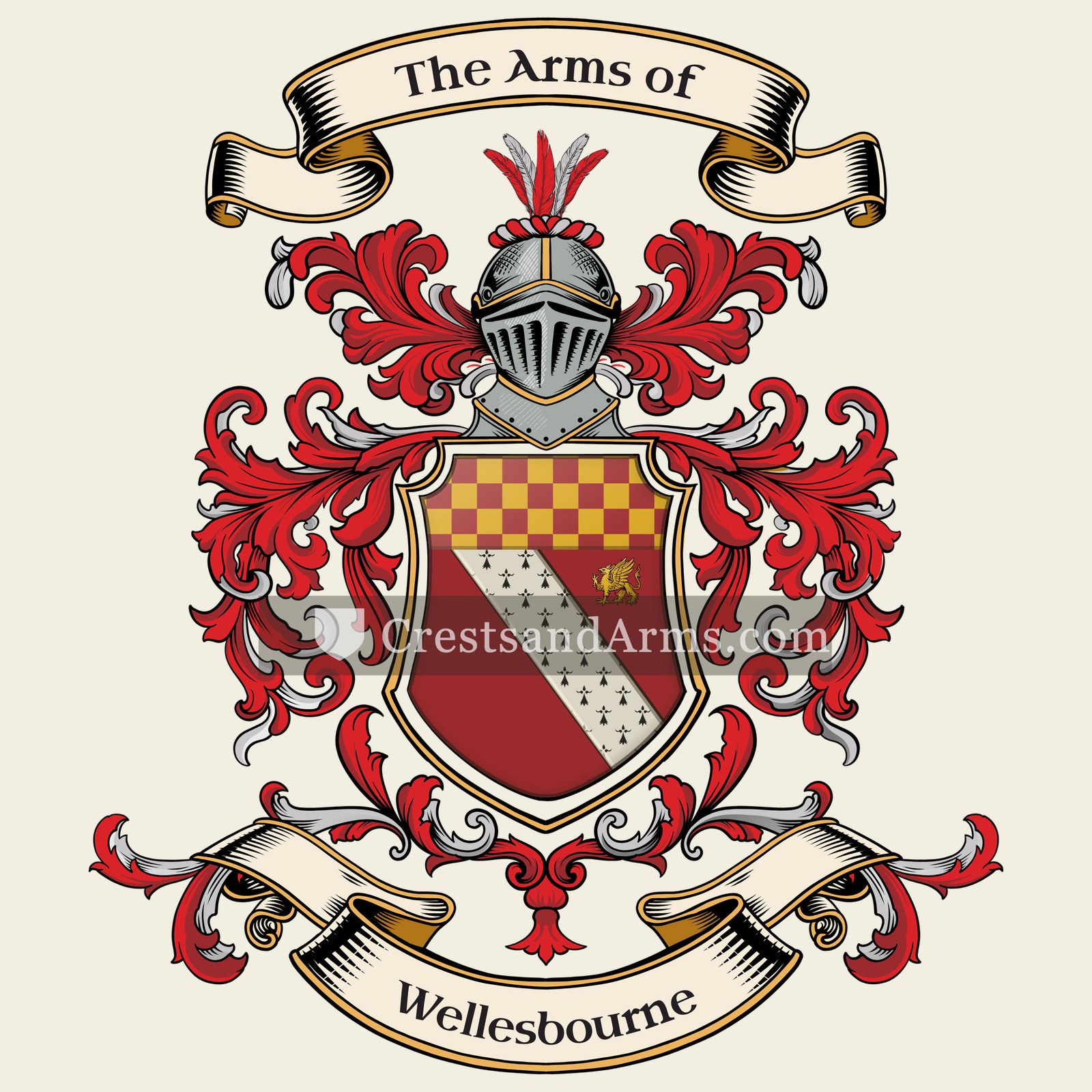 The Wellesbourne coat of arms, drawn from the recorded blazon