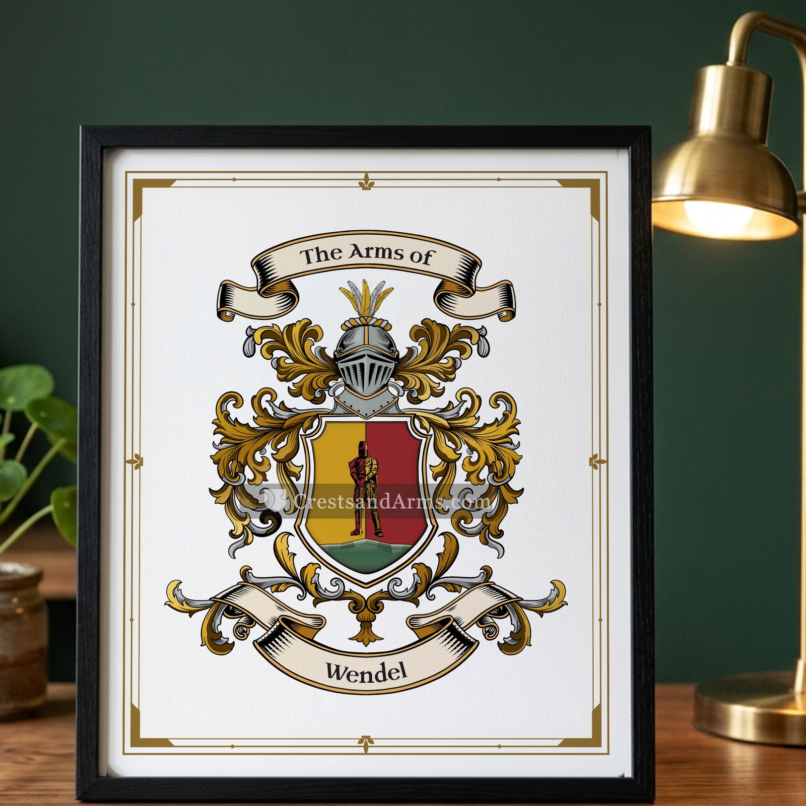 The Wendel arms on the framed, black wood