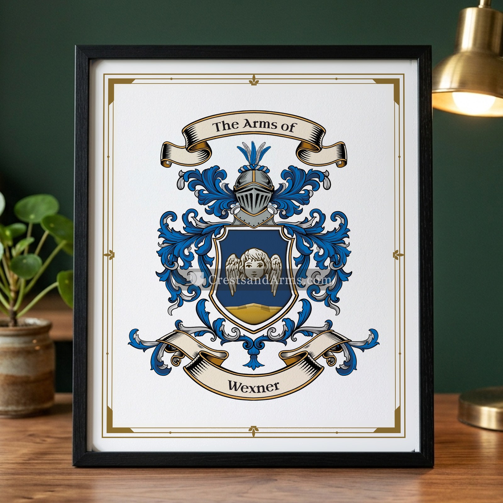 The Wexner arms on the framed, black wood