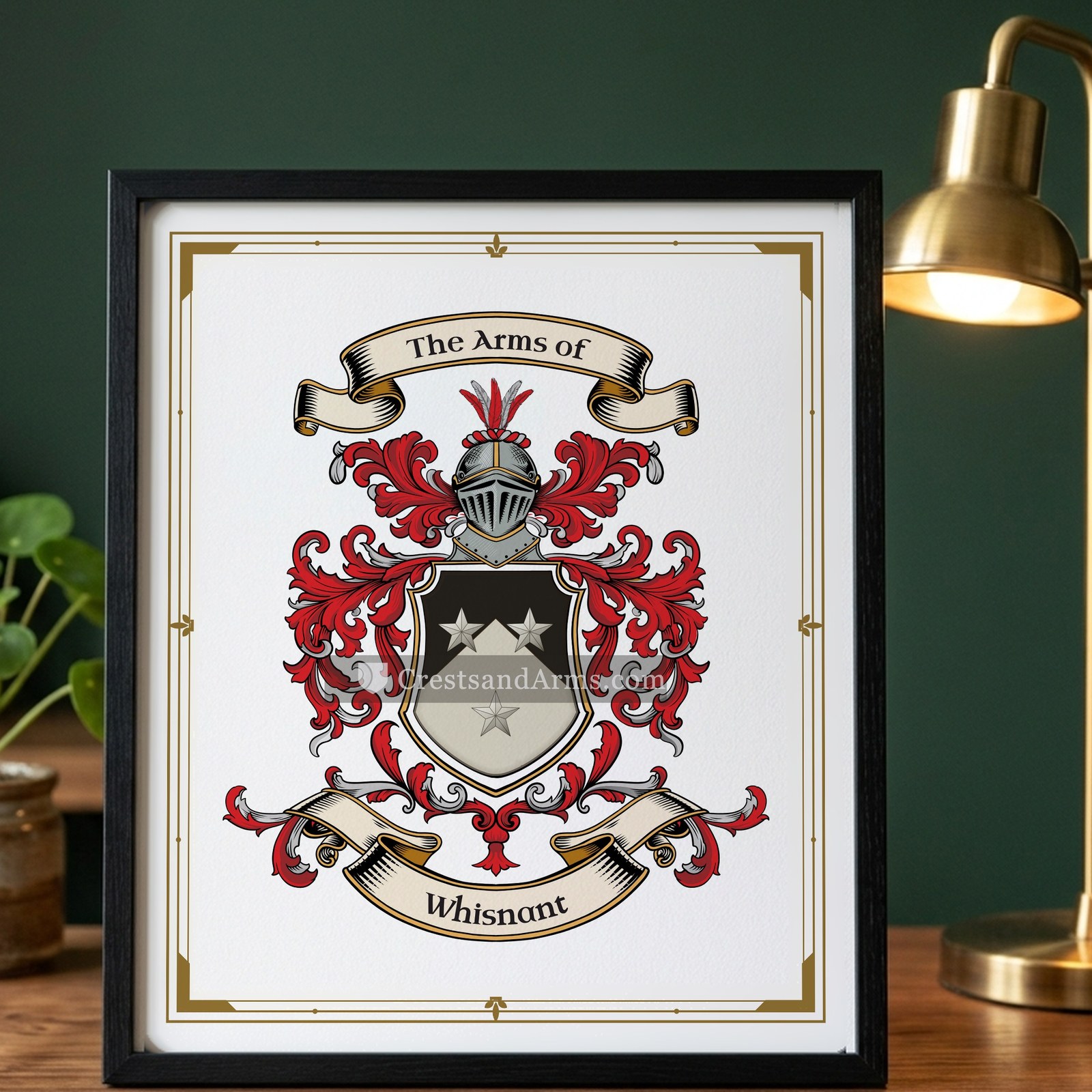 The Whisnant arms on the framed, black wood
