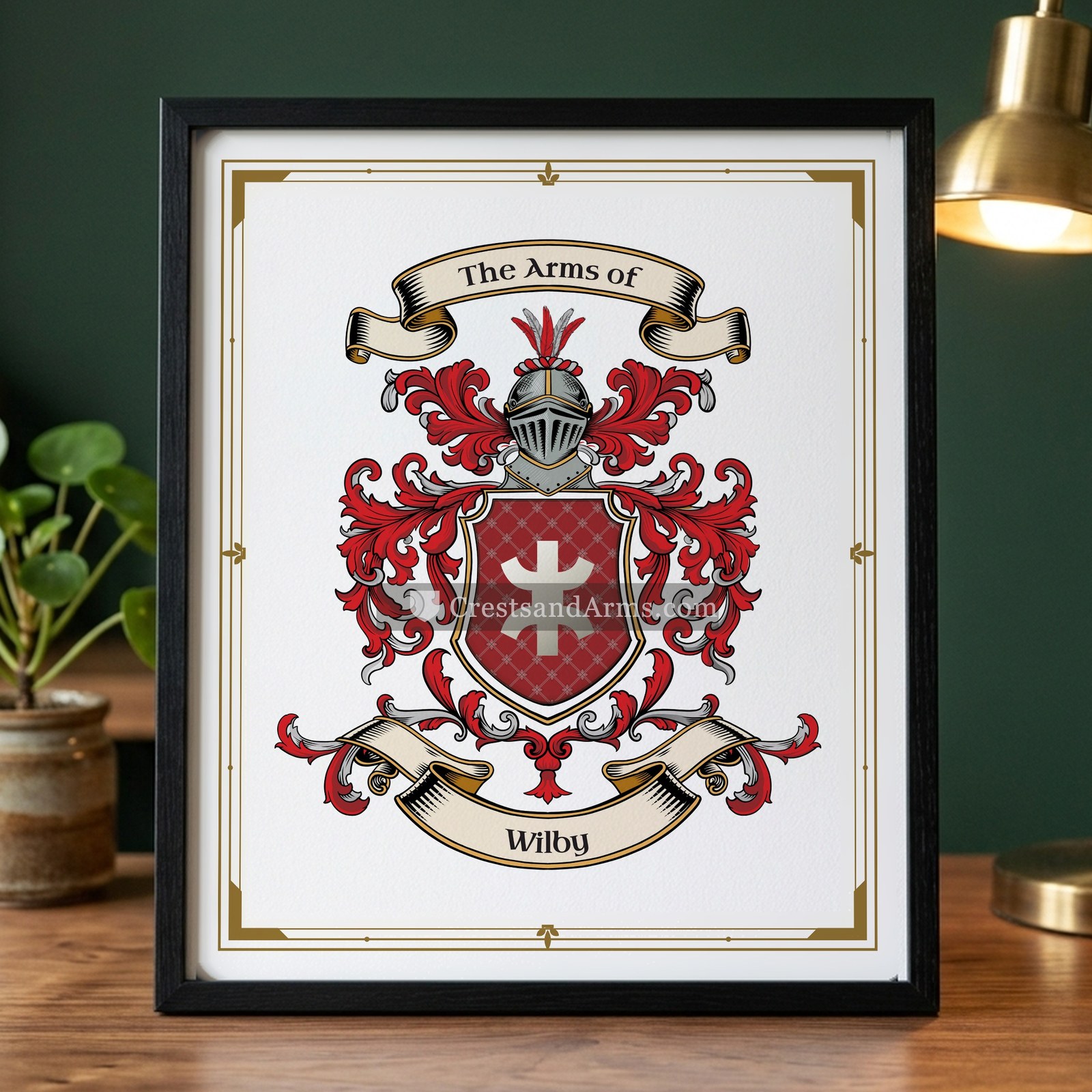 The Wilby arms on the framed, black wood