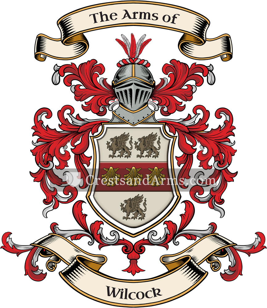 The Wilcock coat of arms, drawn from the recorded blazon
