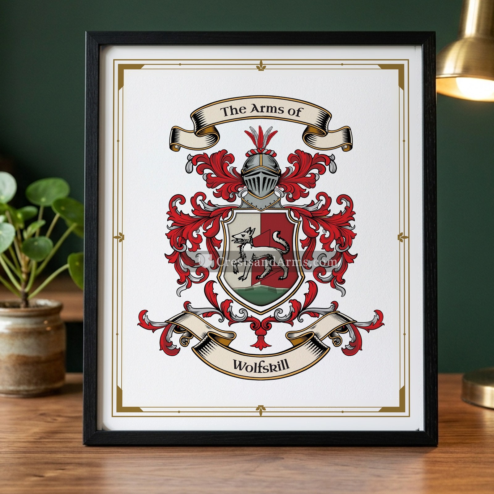 The Wolfskill arms on the framed, black wood