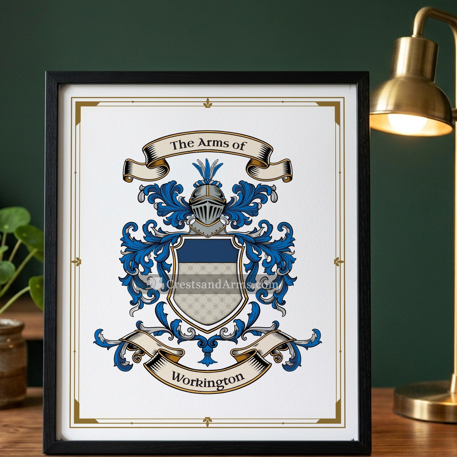 The Workington arms on the framed, black wood