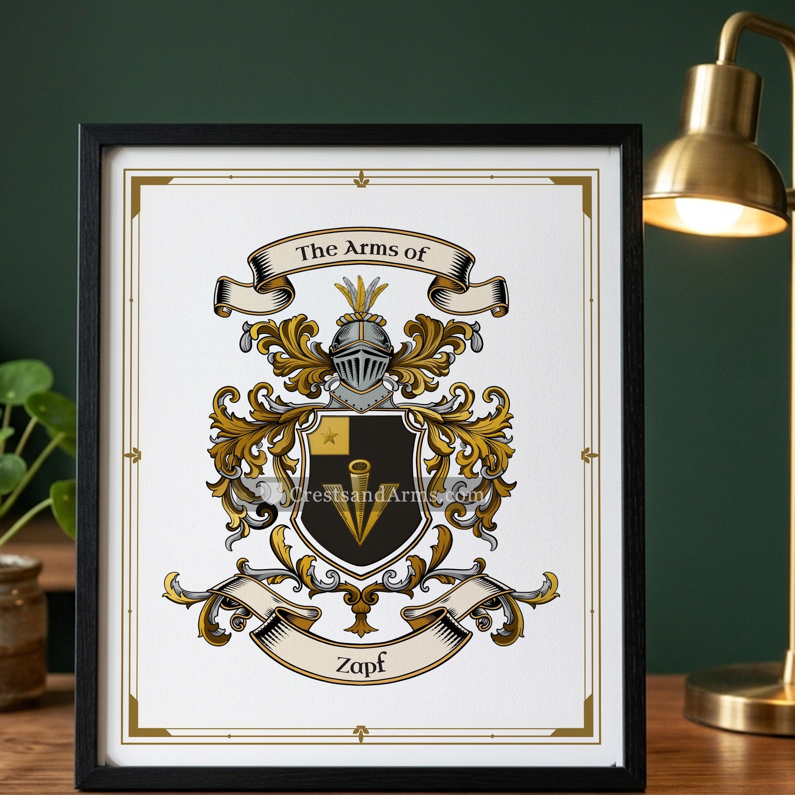 The Zapf arms on the framed, black wood